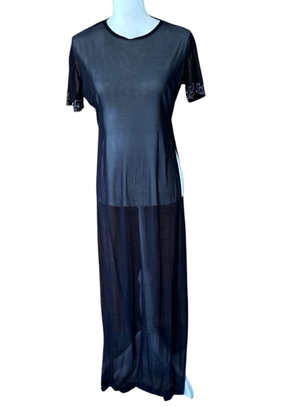 Sheer short-sleeve swim coverup, size XXL, maxi length, beach, vacation, resort